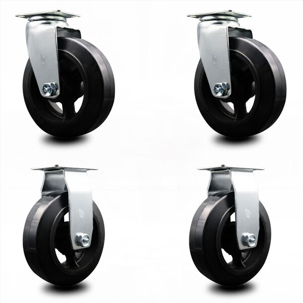 6 Inch Rubber on Cast Iron Caster Set with Ball Bearings 2 Swivel 2 Rigid